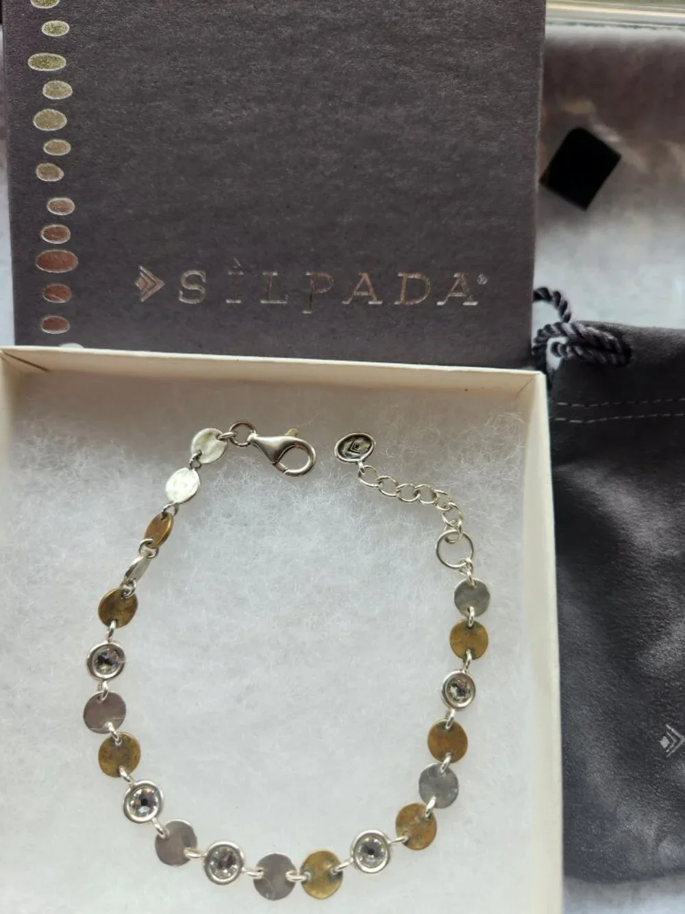SILPADA-Sterling Silver Brass Swarovski Crystal Link Adjustable Bracelet